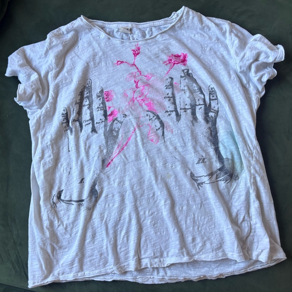 White Graphic Tee with Pink and Gray Design